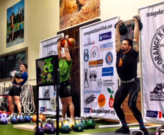 Aaron is an American Record holder for the jerk and snatch with a 24kg kettlebell.